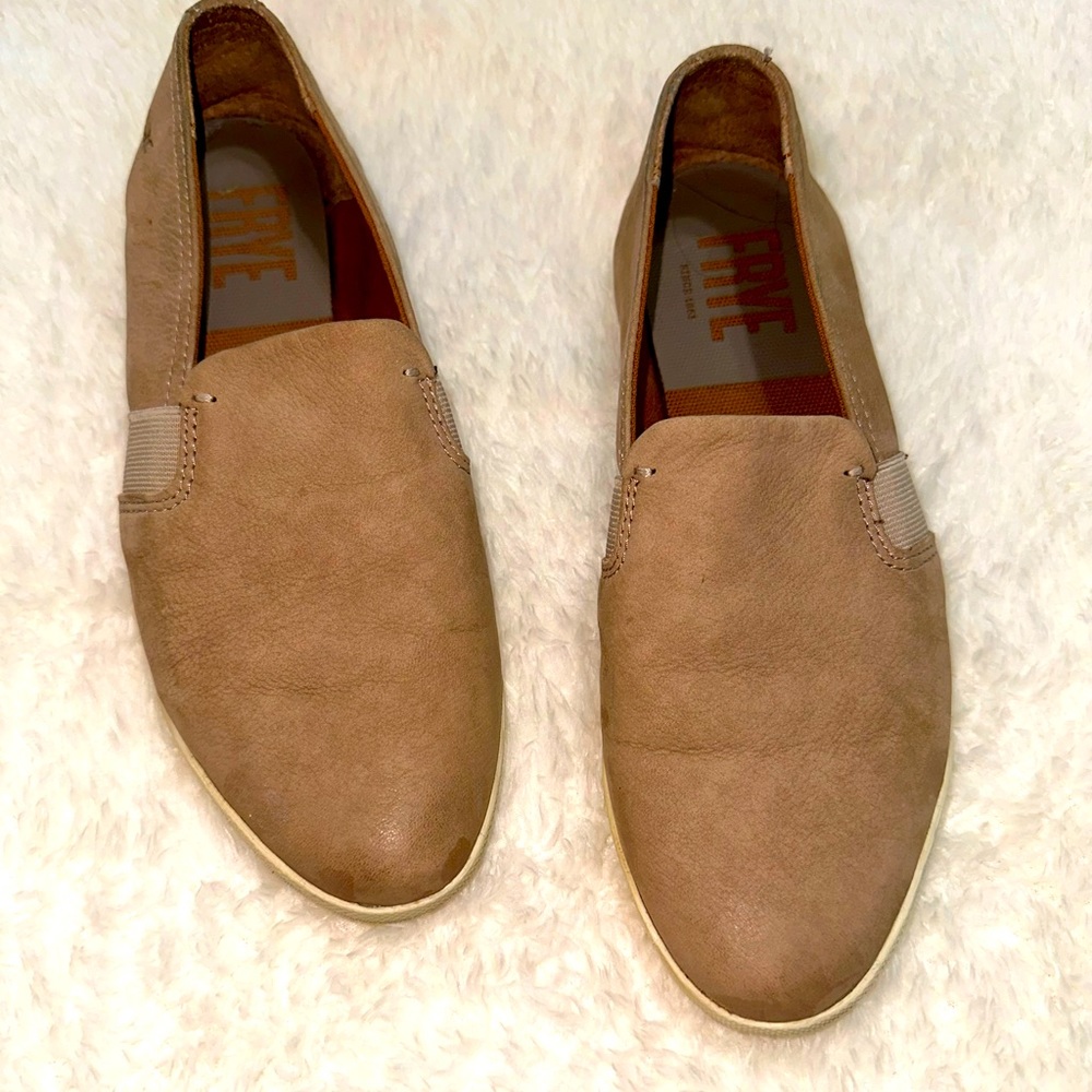 FRYE SUEDE SLIP ONE LOAFERS. Size 6.5.